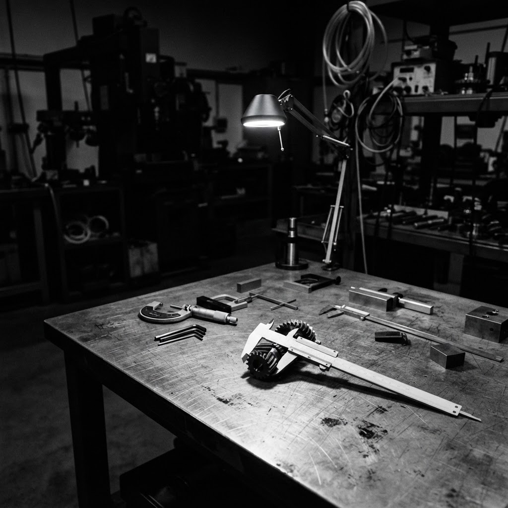 Atelier industriel FIGHT IQ, instruments de mesure de précision sur table en acier brossé