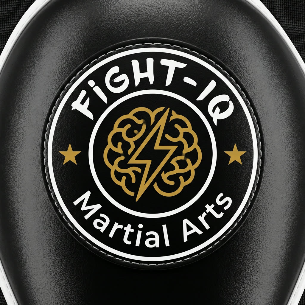 Rendu 3D, détail macro du logo FIGHT-IQ brodé sur la FLEX K-2