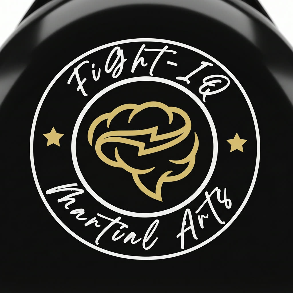 Rendu 3D, détail macro du logo FIGHT-IQ sur le boîtier
